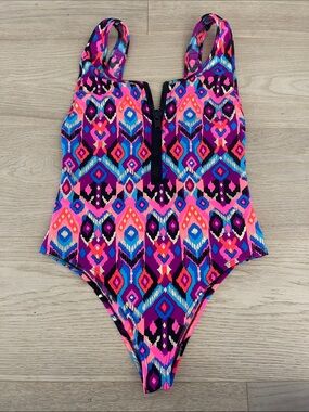 Women’s wicked weasel Neon Aztec One-Piece Swimsuit with Front Zip